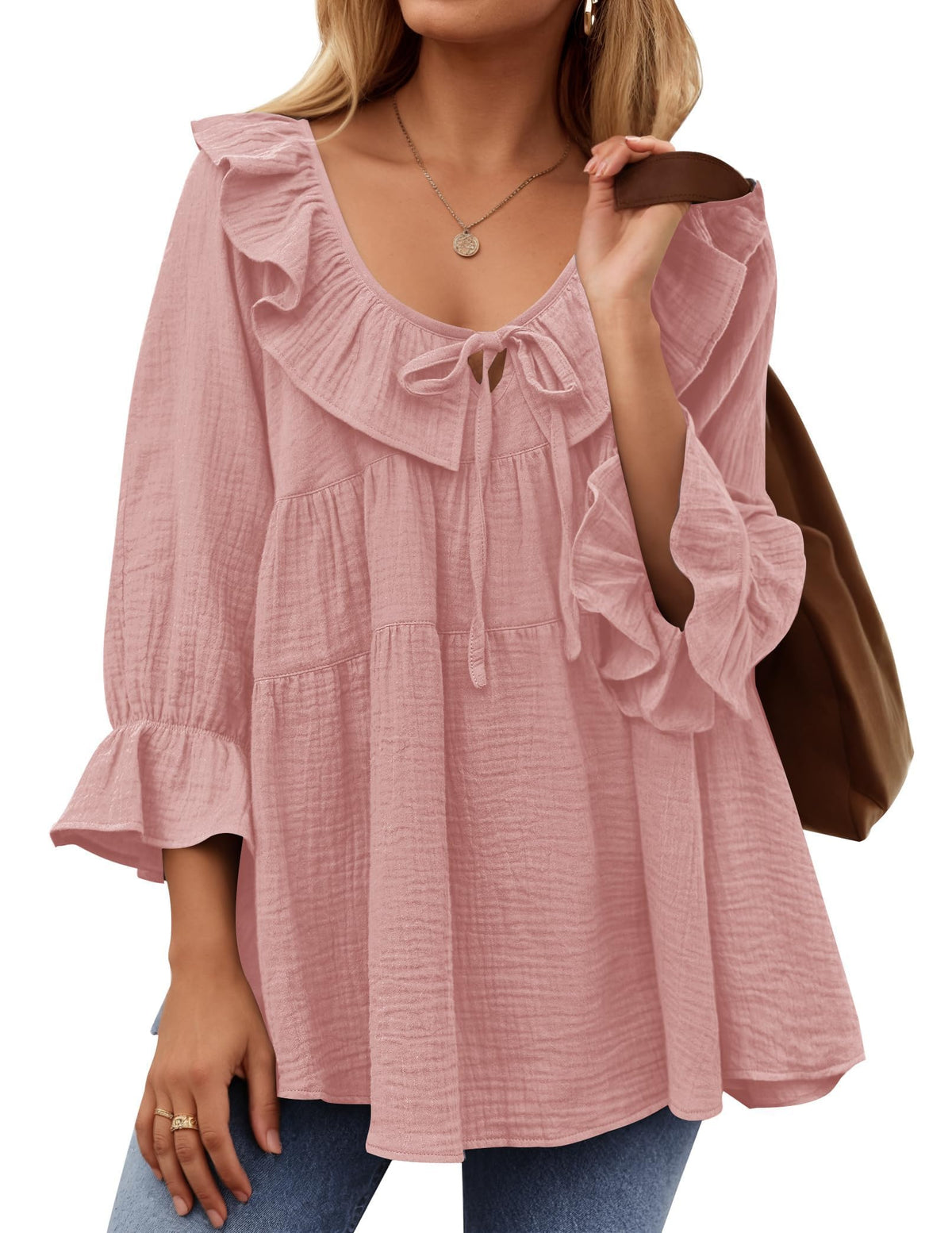 ✨2025 New Women’s Scoop Neck 3/4 Length Sleeve Tie Front Ruffle Tiered Tunic Shirts