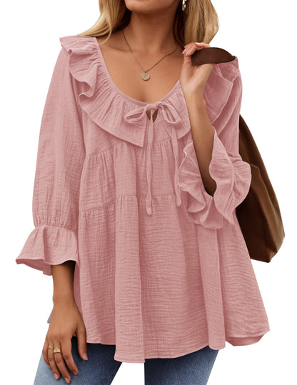 ✨2025 New Women’s Scoop Neck 3/4 Length Sleeve Tie Front Ruffle Tiered Tunic Shirts