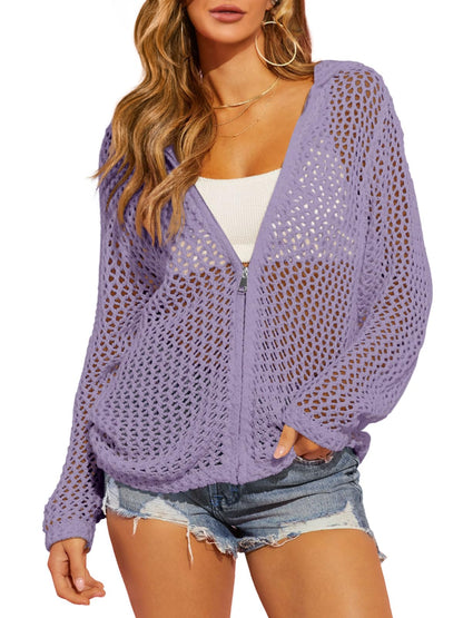 Womens Crochet Lightweight Cardigans Zip Up Hooded Cover Up