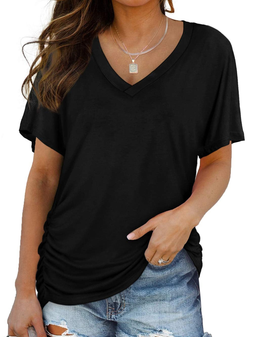 Women's Short Sleeve V Neck Dolman Tops with Side Shirring