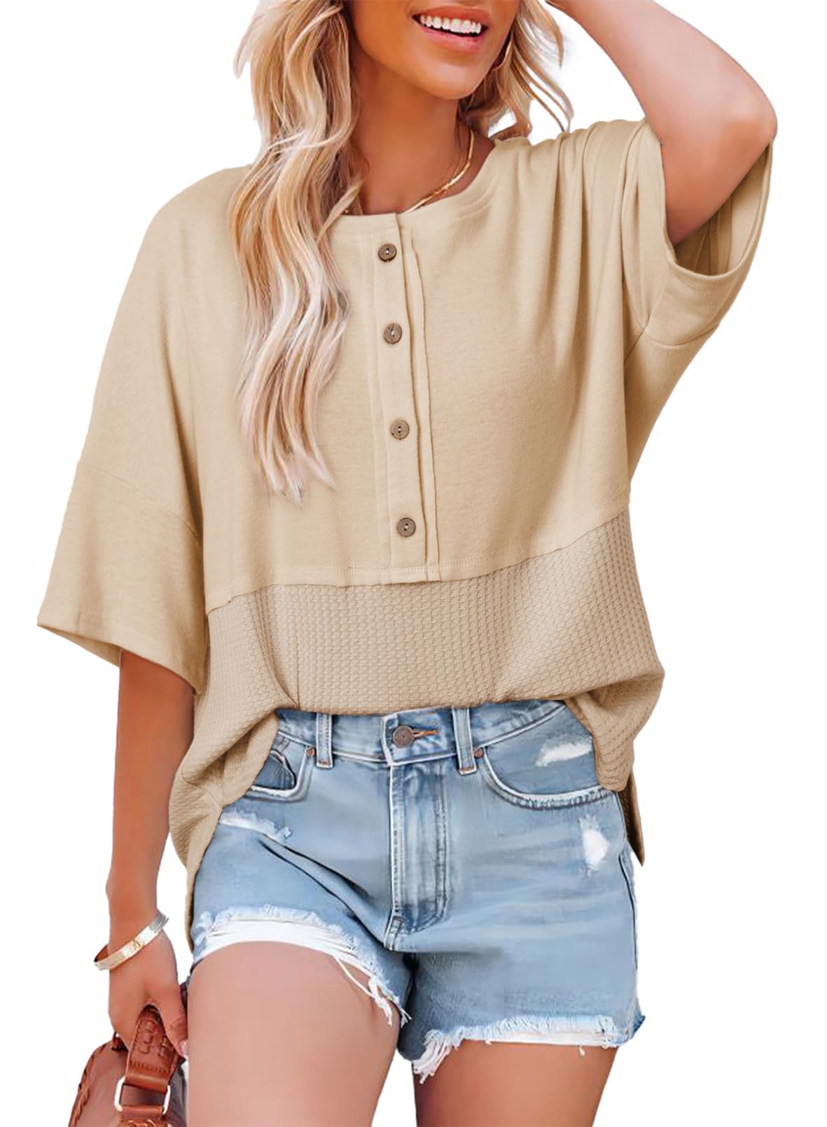 ✨Women's 3/4 Sleeve Casual Button Down Waffle Knit Tops