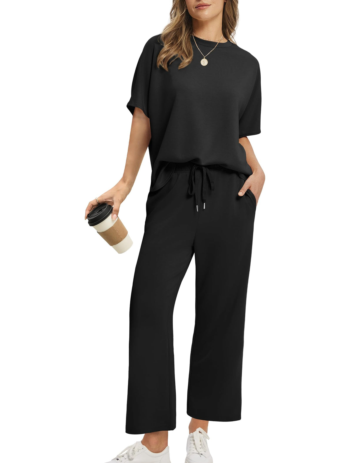 2026 Women Oversized Tshirt and Wide Leg Crop Pants 2 Piece Sets
