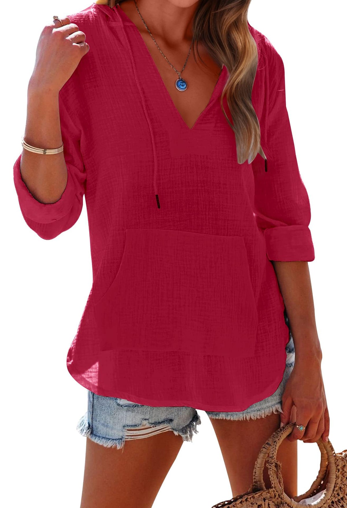 ✨Women's Long Sleeve V Neck Pocketed Hooded Shirt Top