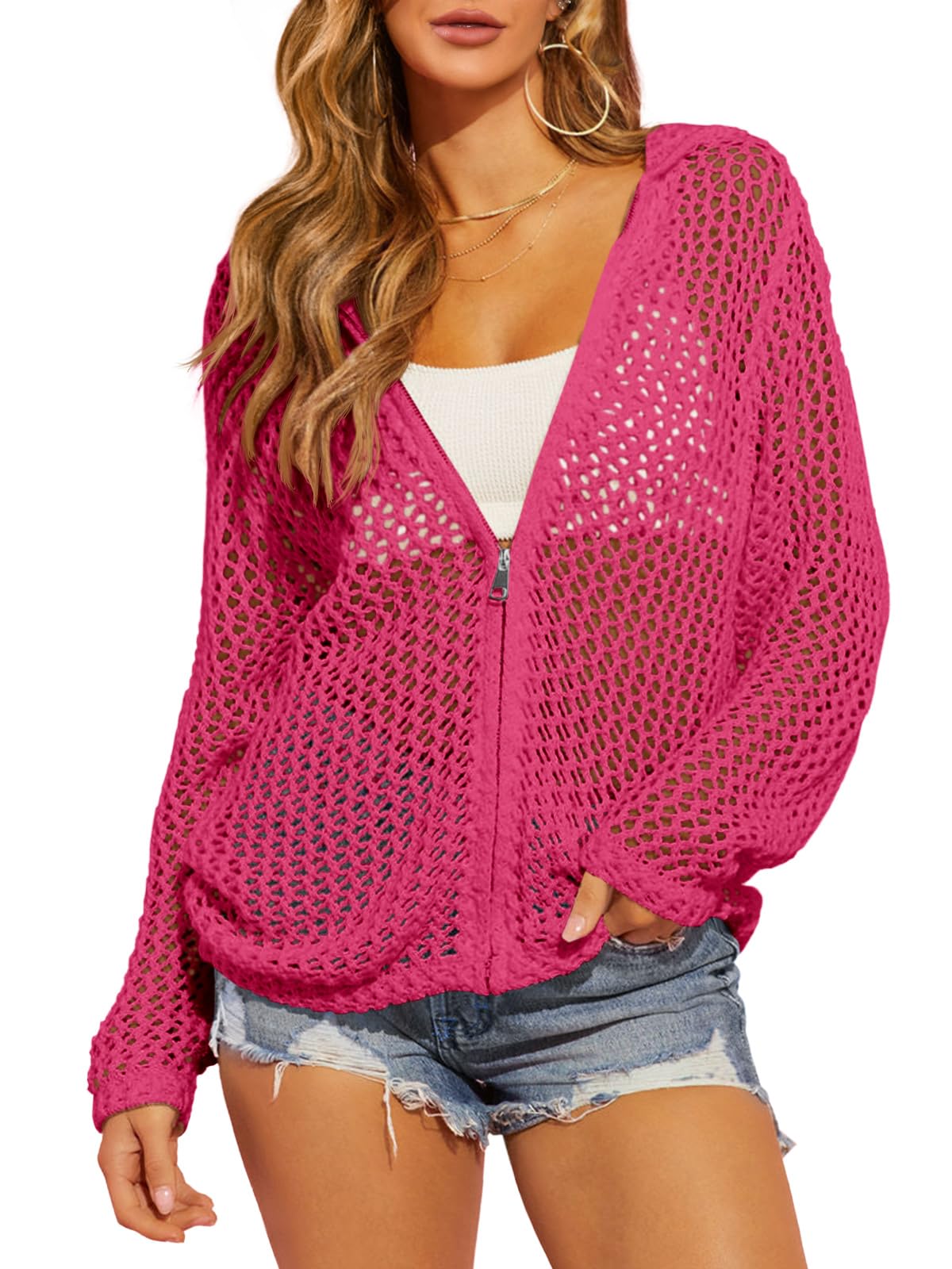 Womens Crochet Lightweight Cardigans Zip Up Hooded Cover Up