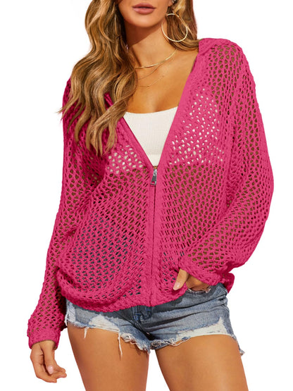 Womens Crochet Lightweight Cardigans Zip Up Hooded Cover Up