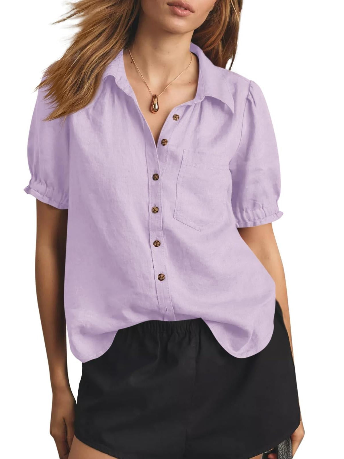 Women's Puff Short Sleeve Button-Down Shirt