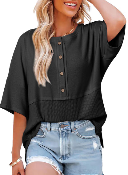 ✨Women's 3/4 Sleeve Casual Button Down Waffle Knit Tops