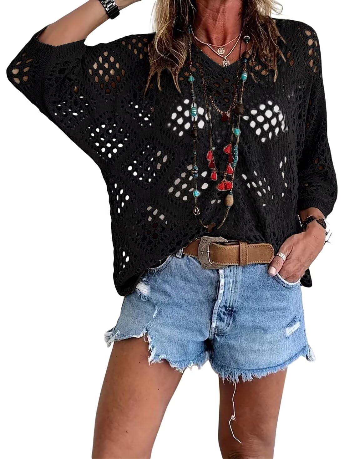 Womens Bohemian-Inspired Beige Crochet Top with V-Neck