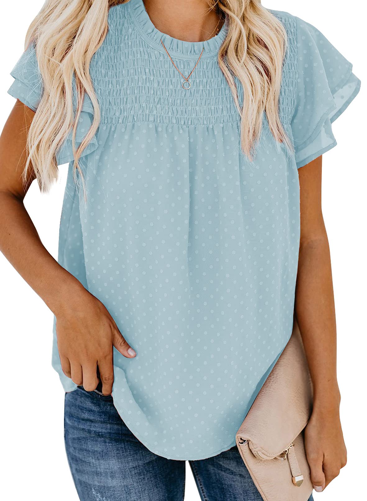 ✨Womens Crewneck Lace Crochet Pom Pom Flowy Short Sleeve Casual Shirts Blouses
