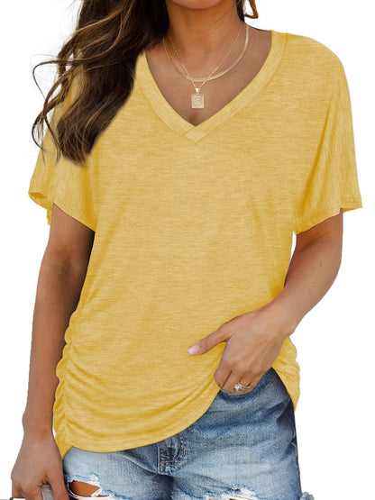 Women's Short Sleeve V Neck Dolman Tops with Side Shirring