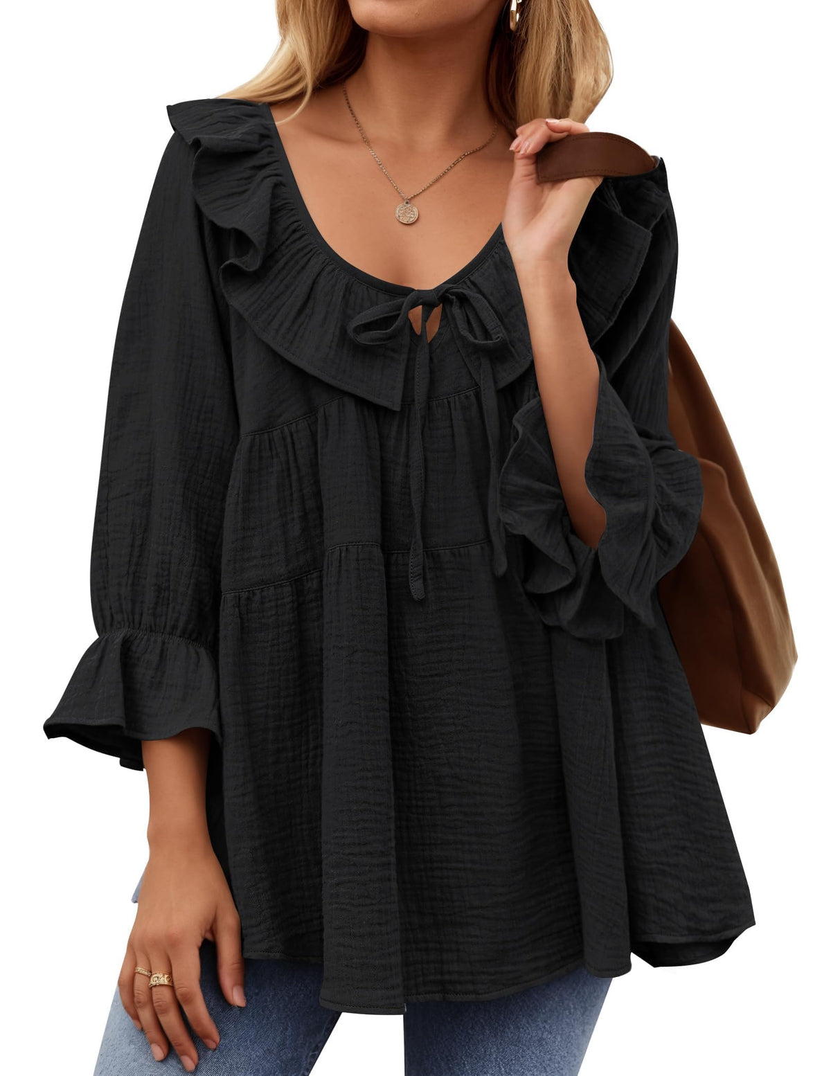✨2025 New Women’s Scoop Neck 3/4 Length Sleeve Tie Front Ruffle Tiered Tunic Shirts