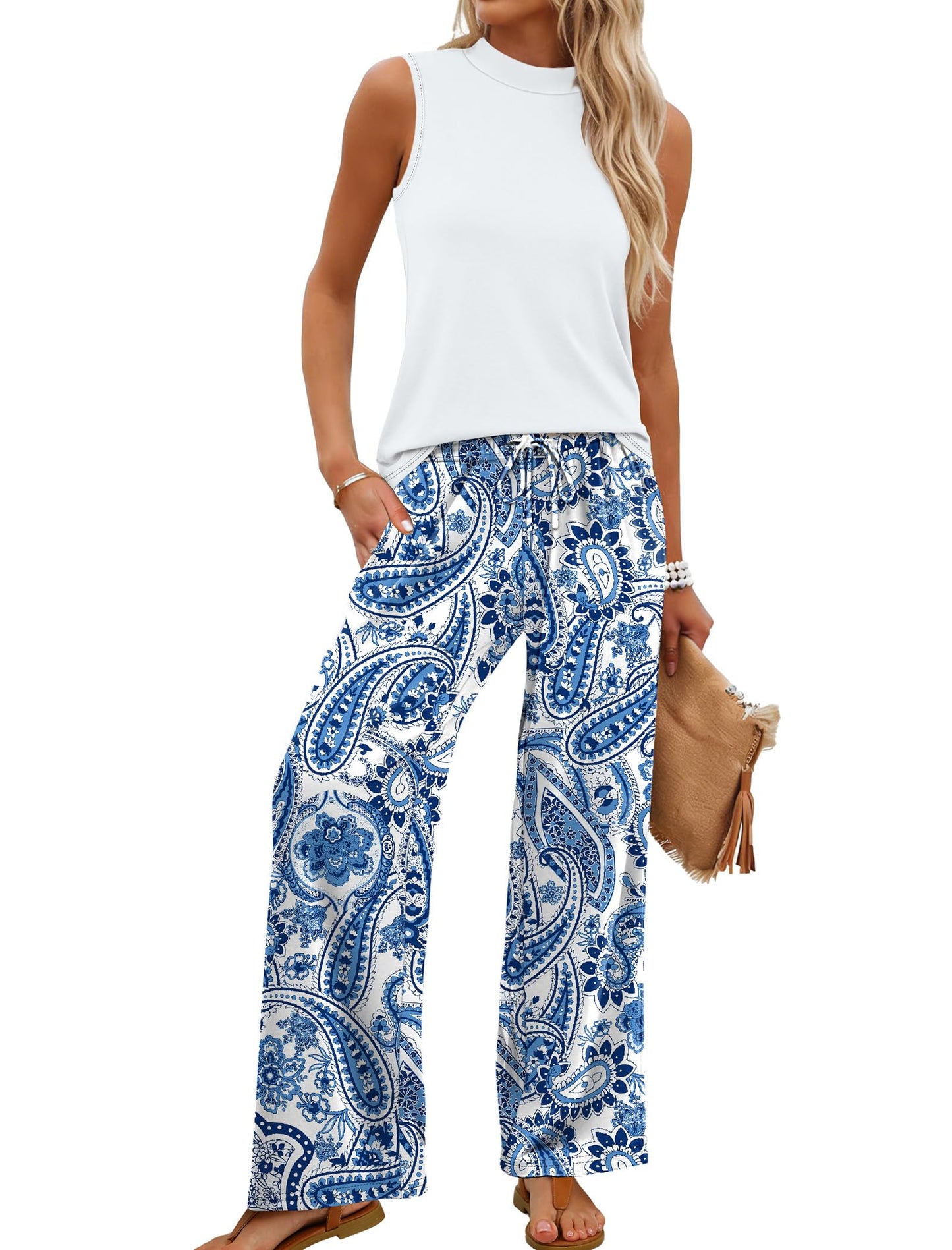 Women's Mock Neck Tank & Floral Wide Leg Pants Set