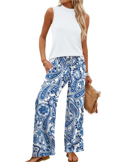 Women's Mock Neck Tank & Floral Wide Leg Pants Set