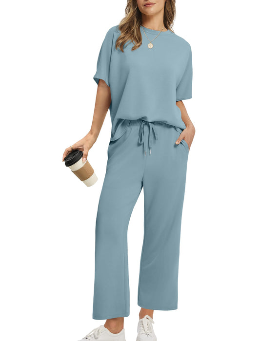 2026 Women Oversized Tshirt and Wide Leg Crop Pants 2 Piece Sets