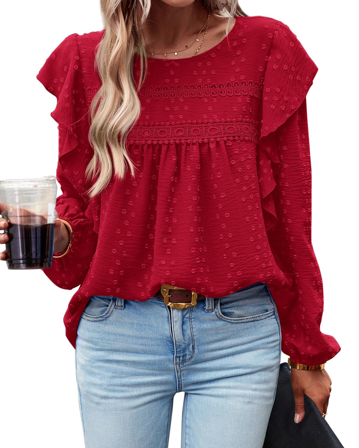 Women's Swiss Polka Dot Babydoll Top With Ruffles