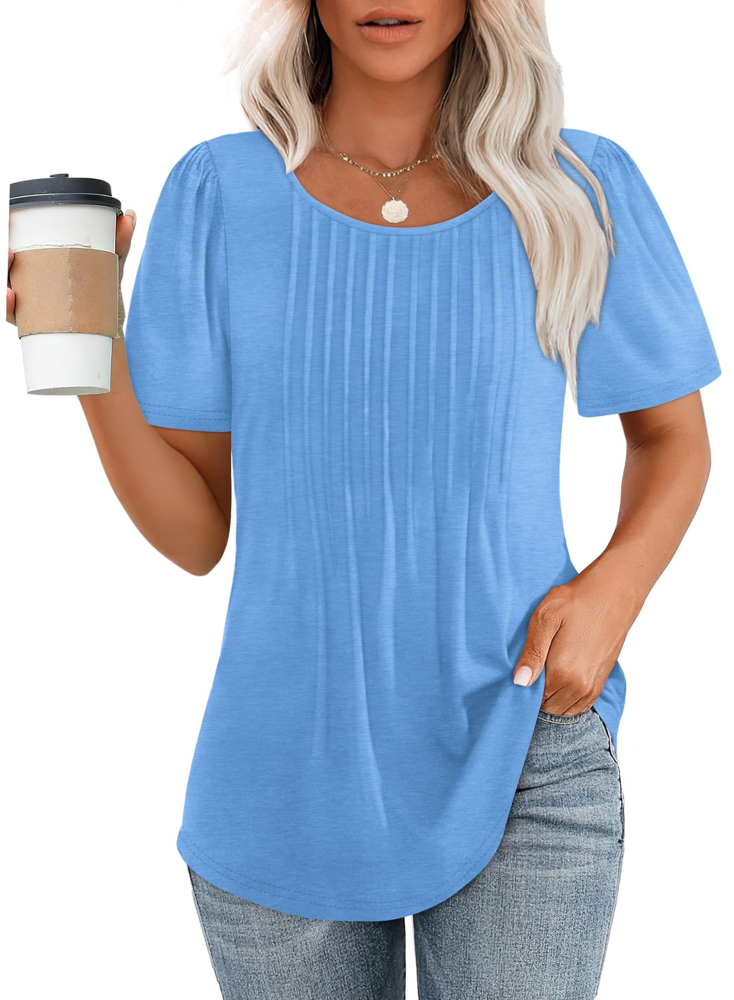 🌞Women's Short Sleeve Pleated Dressy Casual Scooped Neck Tops