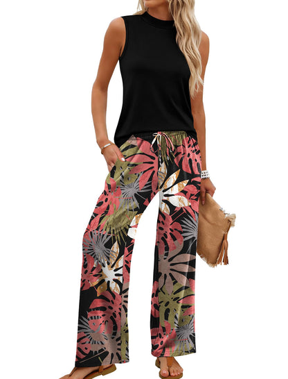 Women's Mock Neck Tank & Floral Wide Leg Pants Set