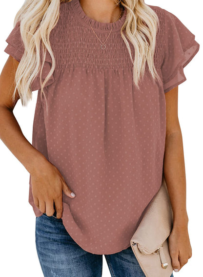✨Womens Crewneck Lace Crochet Pom Pom Flowy Short Sleeve Casual Shirts Blouses