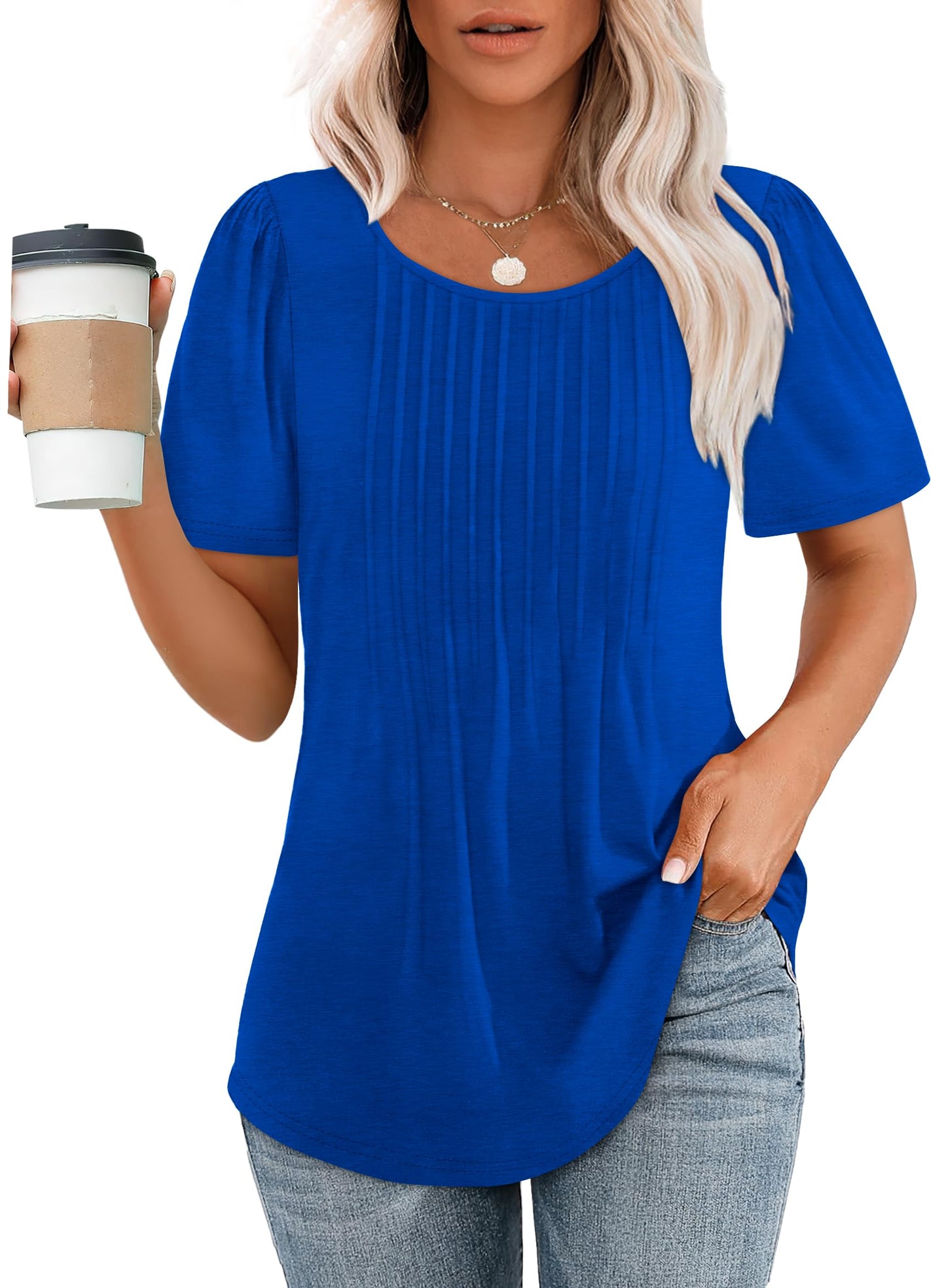 🌞Women's Short Sleeve Pleated Dressy Casual Scooped Neck Tops