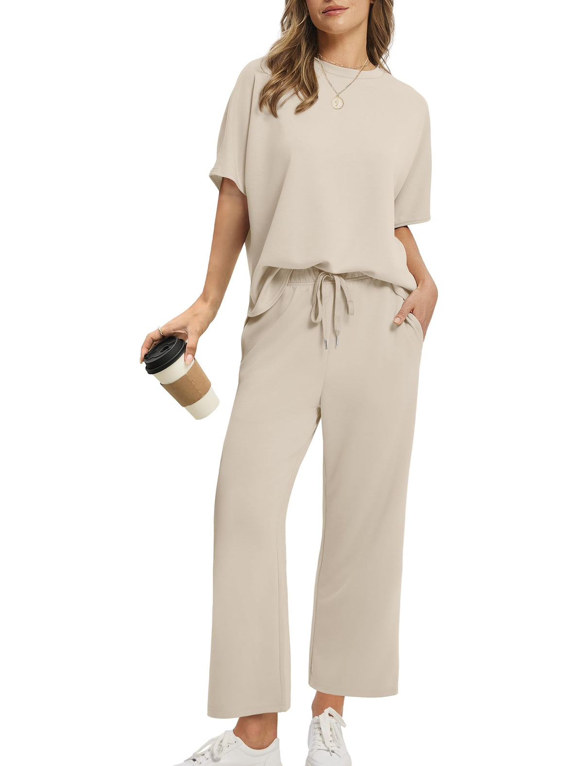 2026 Women Oversized Tshirt and Wide Leg Crop Pants 2 Piece Sets