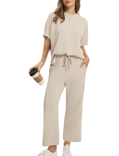 2026 Women Oversized Tshirt and Wide Leg Crop Pants 2 Piece Sets