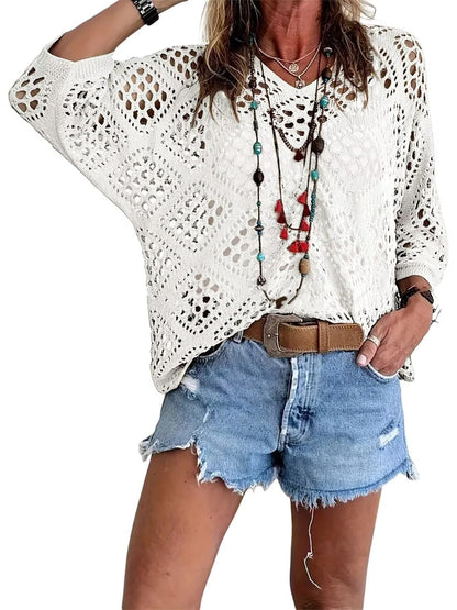 Womens Bohemian-Inspired Beige Crochet Top with V-Neck