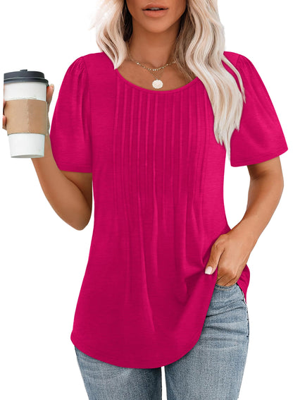🌞Women's Short Sleeve Pleated Dressy Casual Scooped Neck Tops