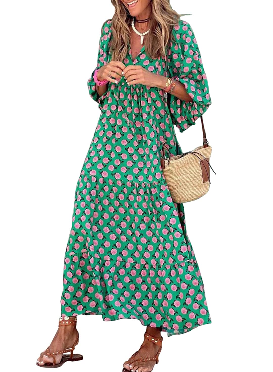 ✨Women's Puff Sleeve Floral Boho Maxi Dress