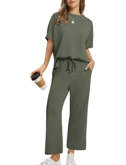 2026 Women Oversized Tshirt and Wide Leg Crop Pants 2 Piece Sets
