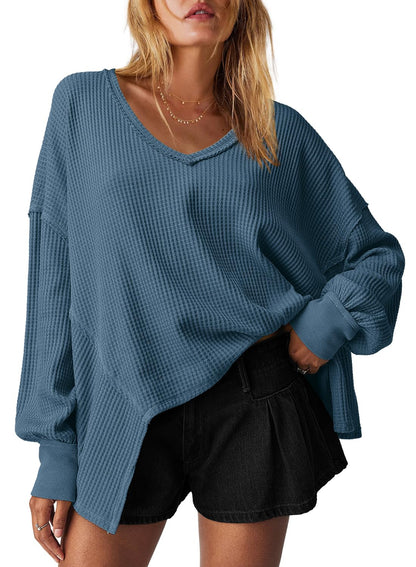 Women's Waffle Knit Oversized V Neck Batwing Long Sleeve Tops