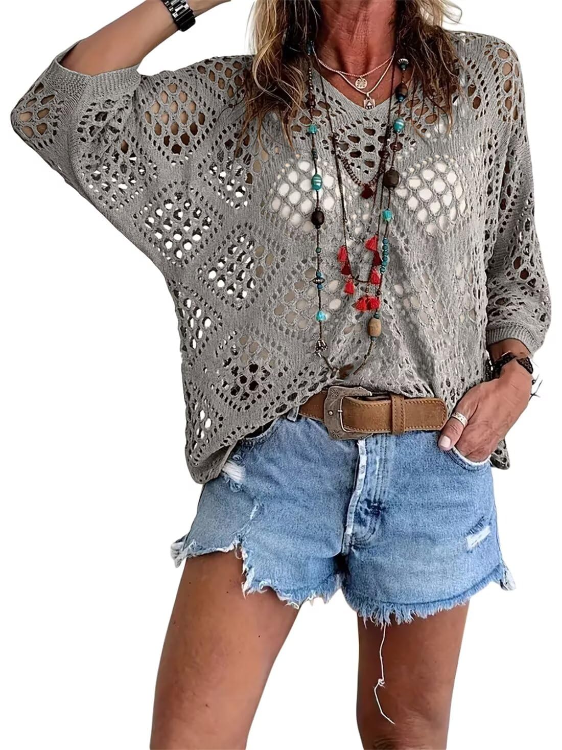 Womens Bohemian-Inspired Beige Crochet Top with V-Neck