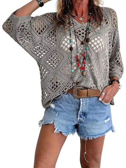Womens Bohemian-Inspired Beige Crochet Top with V-Neck