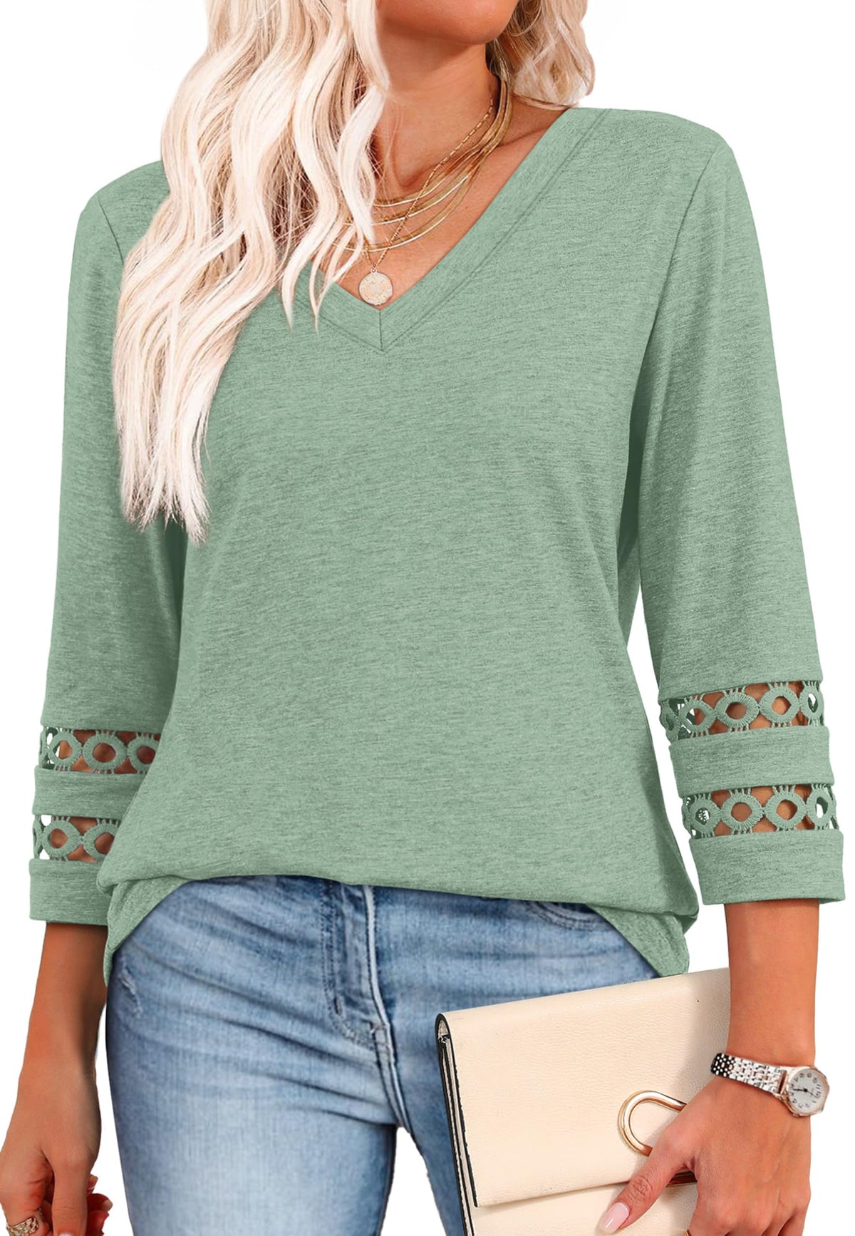 ✨Womens 3/4 Length Sleeve Tops Trendy V Neck T Shirts