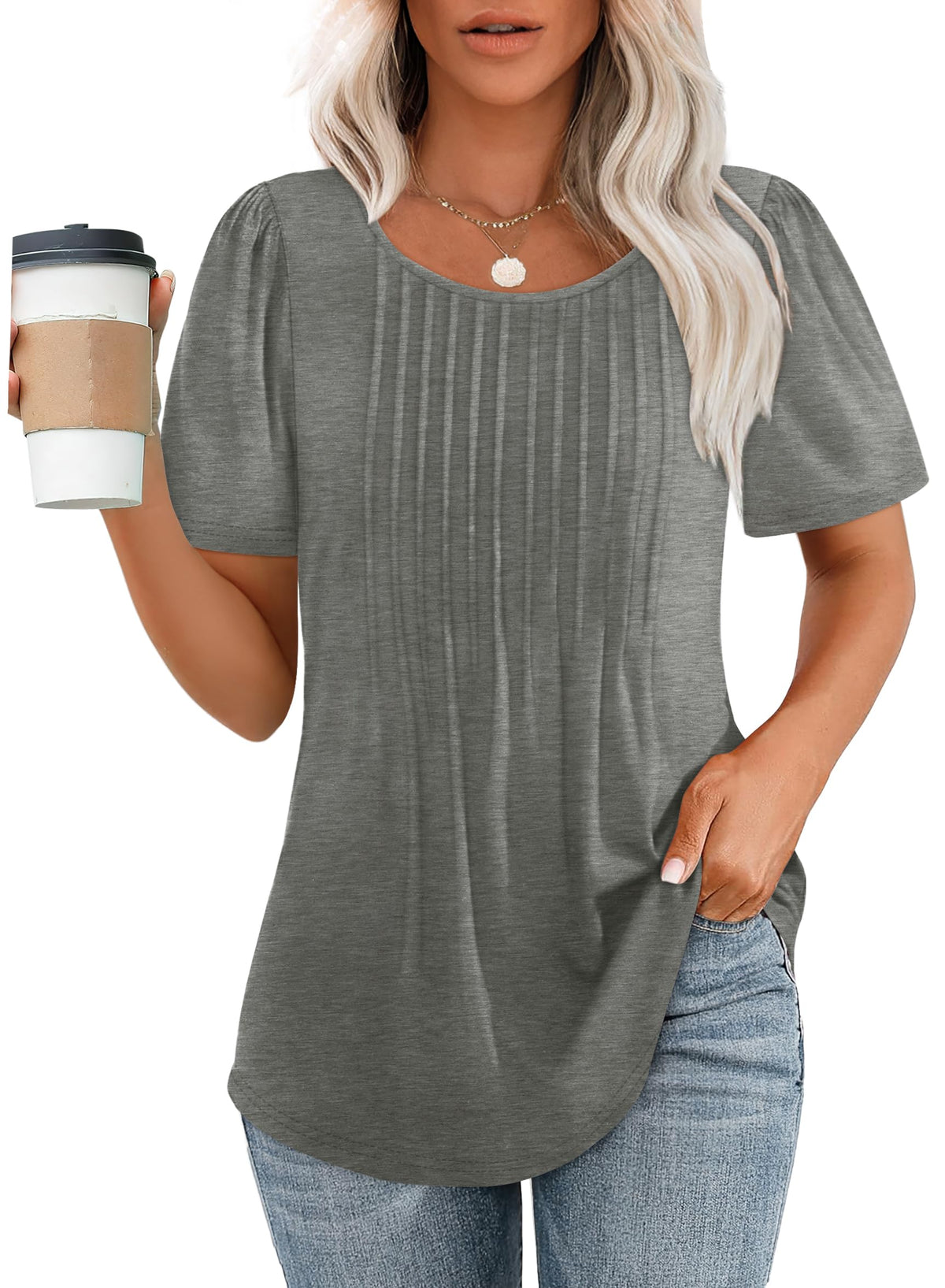 🌞Women's Short Sleeve Pleated Dressy Casual Scooped Neck Tops