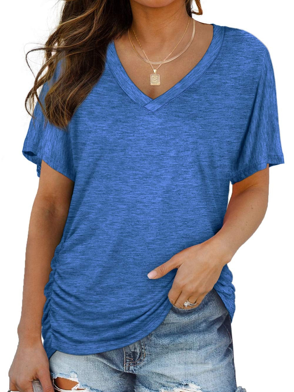 Women's Short Sleeve V Neck Dolman Tops with Side Shirring