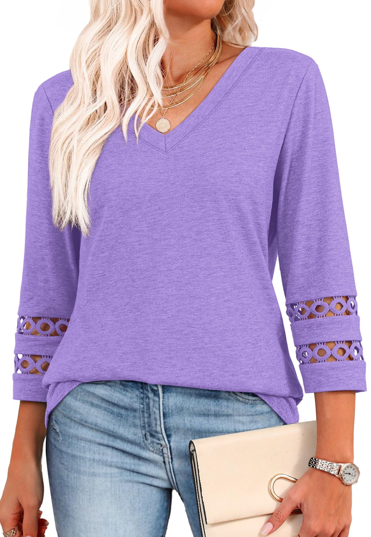 ✨Womens 3/4 Length Sleeve Tops Trendy V Neck T Shirts