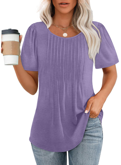 🌞Women's Short Sleeve Pleated Dressy Casual Scooped Neck Tops