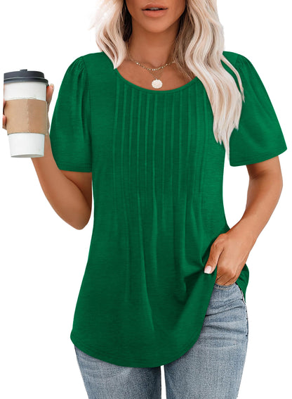 🌞Women's Short Sleeve Pleated Dressy Casual Scooped Neck Tops