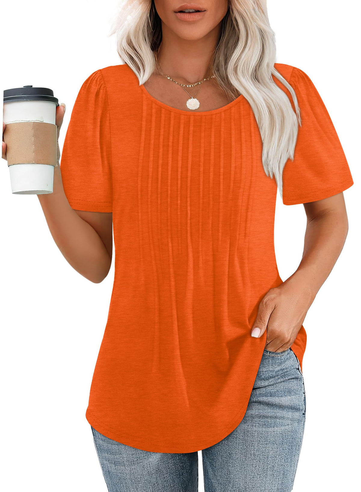 ✨Women's Short Sleeve Pleated Dressy Casual Scooped Neck Tops