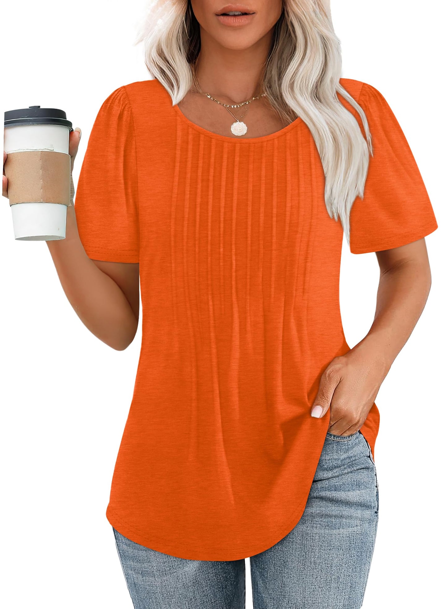 🌞Women's Short Sleeve Pleated Dressy Casual Scooped Neck Tops