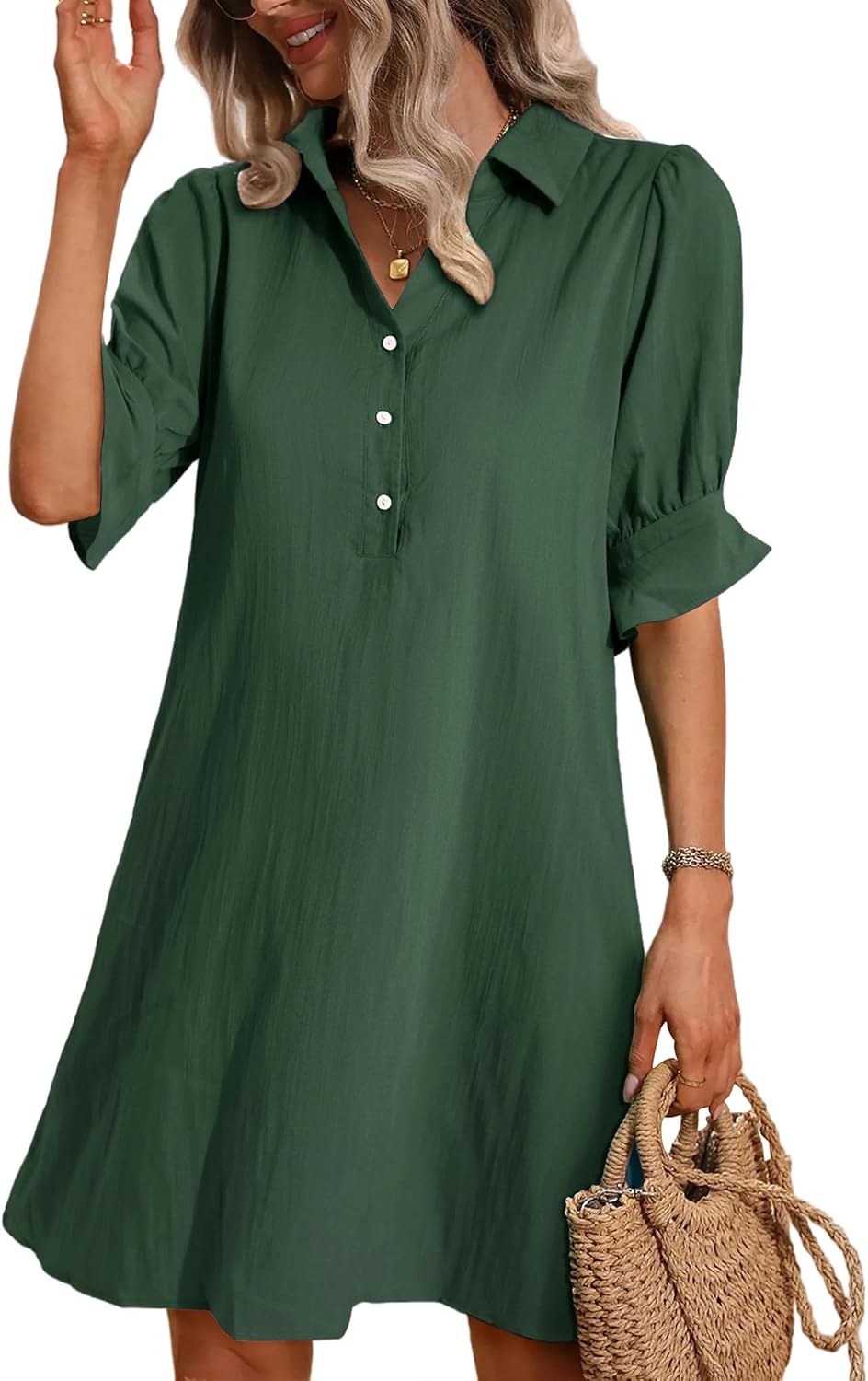 ✨Womens Casual Shirt Dress Ruffle Sleeve Solid Color Button Down