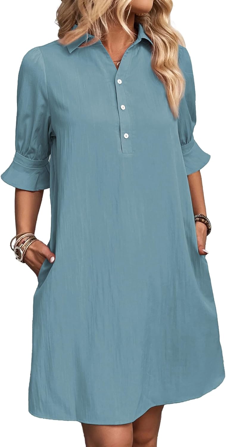 ✨Womens Casual Shirt Dress Ruffle Sleeve Solid Color Button Down