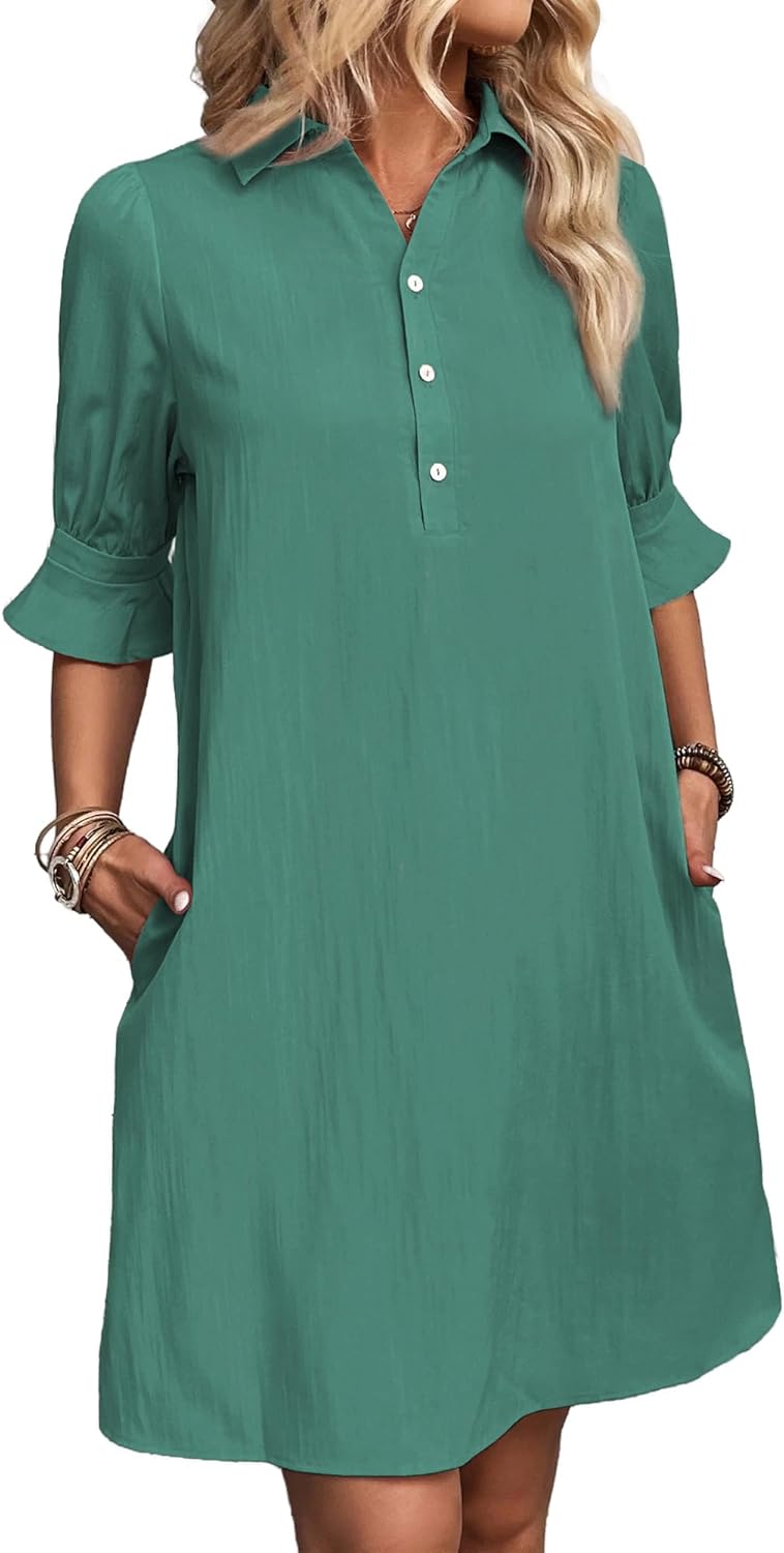 ✨Hot Sale-Womens Casual Shirt Dress Ruffle Sleeve Solid Color Button Down