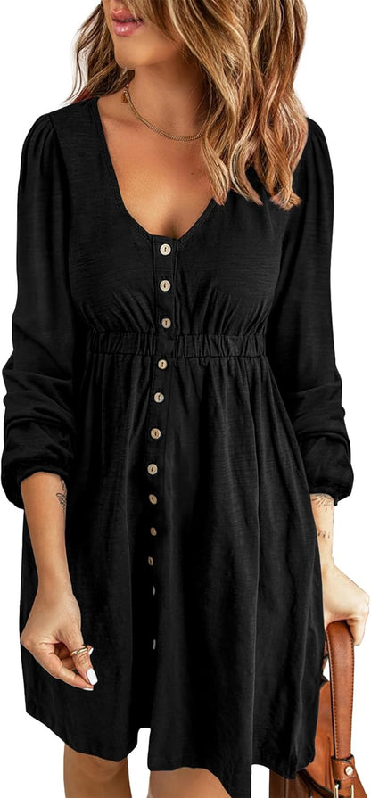 ✨Women  Button DownDresses Long Sleeve Crew Neck Solid  Dress