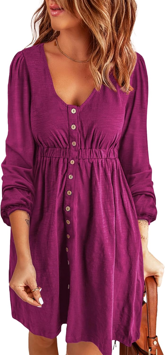 ✨Women  Button DownDresses Long Sleeve Crew Neck Solid  Dress