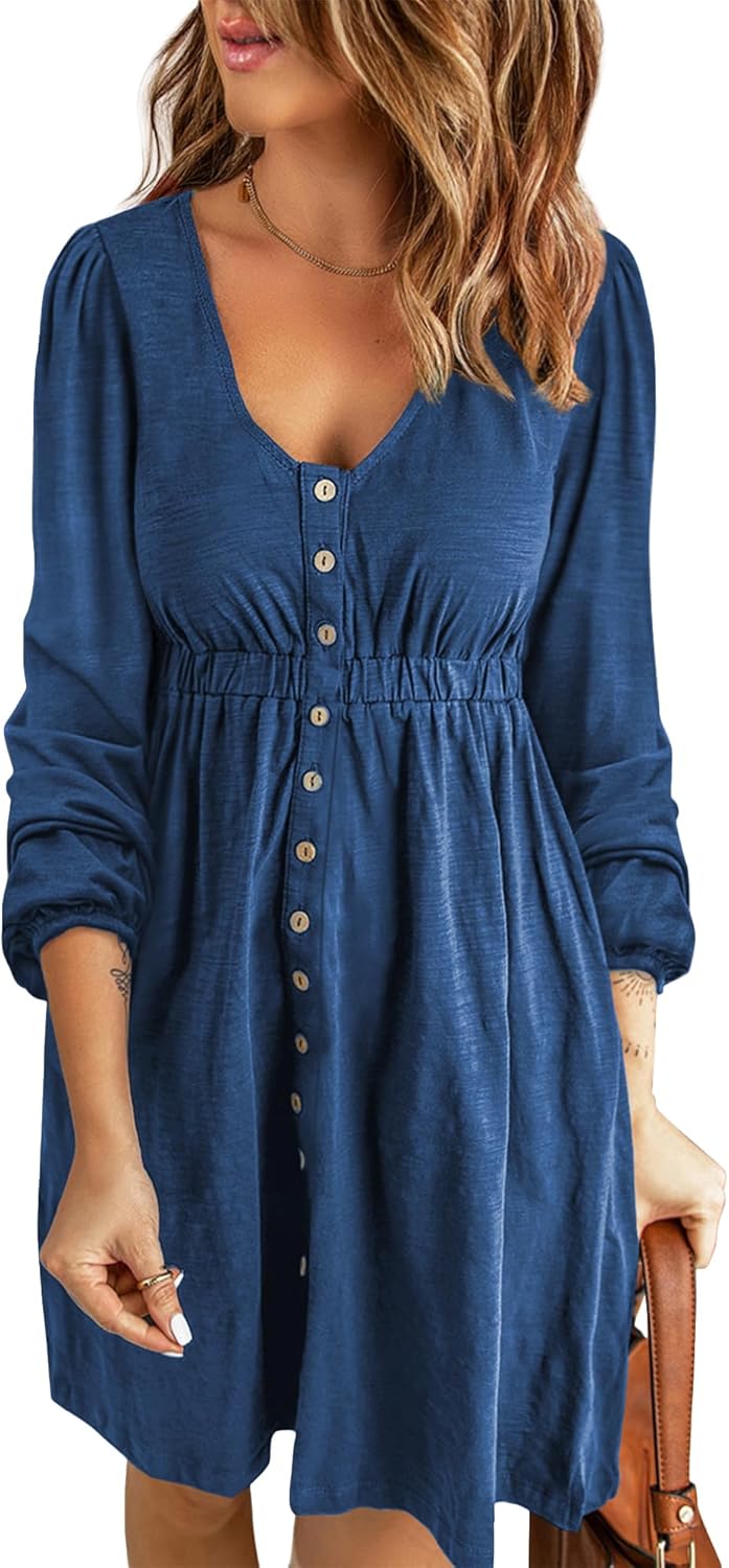 ✨Women  Button DownDresses Long Sleeve Crew Neck Solid  Dress