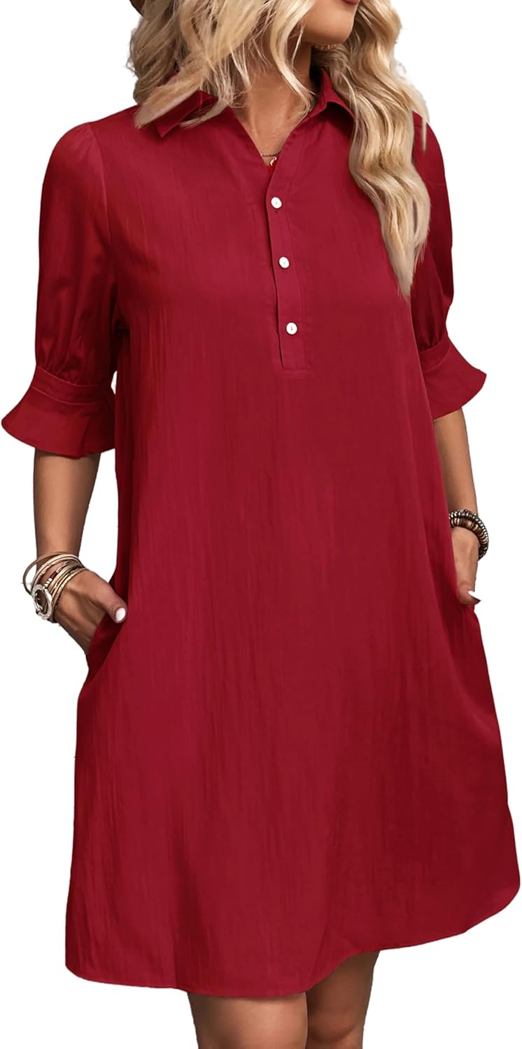 ✨Womens Casual Shirt Dress Ruffle Sleeve Solid Color Button Down