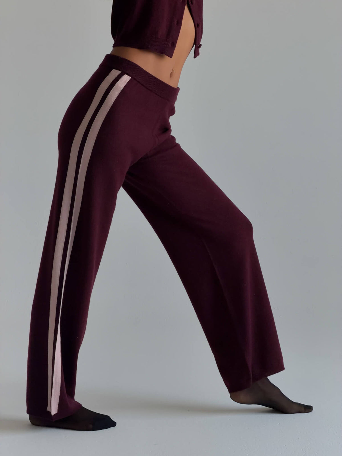 Cashmere Wool Stripe Wide-leg Pant in Raspberry