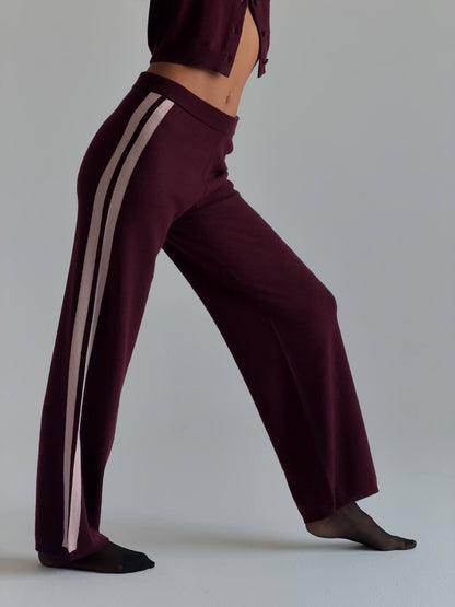 Cashmere Wool Stripe Wide-leg Pant in Raspberry