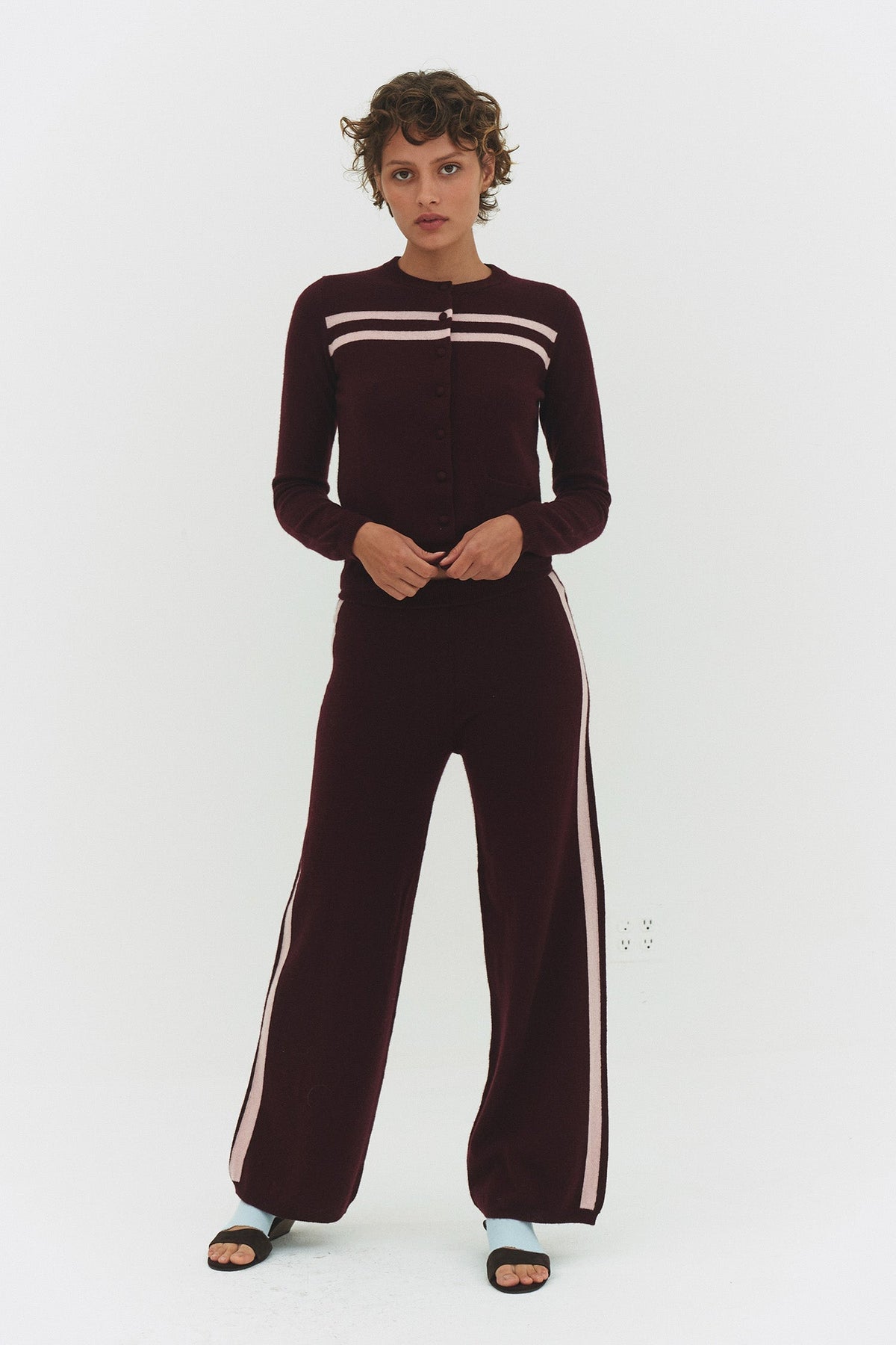 Cashmere Wool Stripe Wide-leg Pant in Raspberry